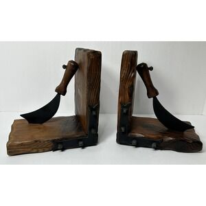 Spanish Spain Sword Knife Bookends Rustic Wood‎ & Metal Pirates Vintage Pair